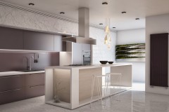 White and Violet Colors Contemporary Kitchen with Bar Countertop