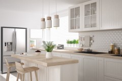 Scandinavian classic kitchen with wooden and white details, minimalistic interior design